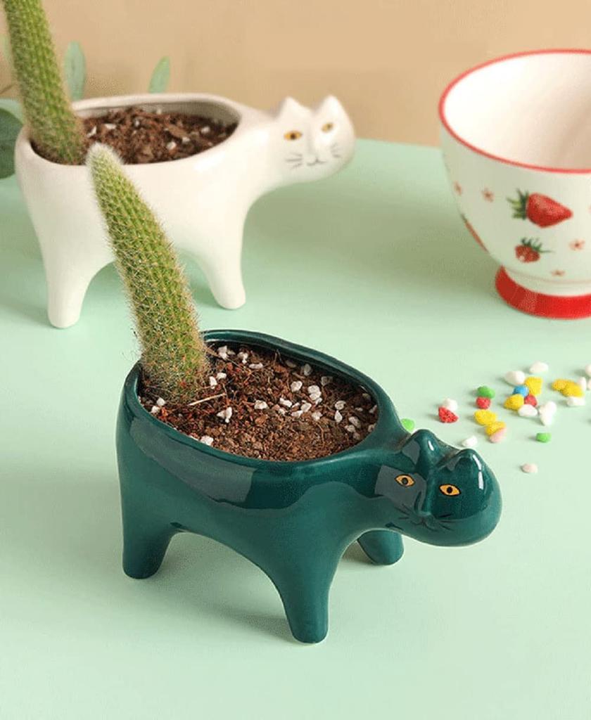 siawadeky Cute Cat Flower Pots Set of 2 Succulent Pots Ceramic Pots Cat Planter Succulents Cactus Cat Tail Cat Planter Pot Decoration Cat Herb Planter