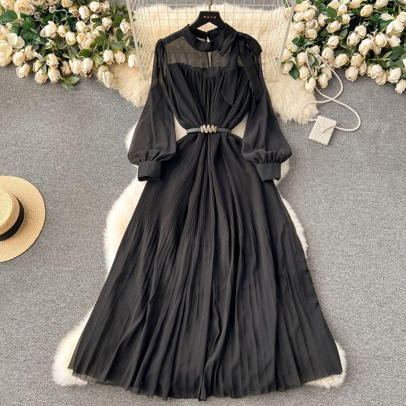 Early Spring Dress Women's 2024 New Arrival Sweet Bows Heavy-Duty Pleated Chiffon Dress Puff Sleeves Vacation Skirt
