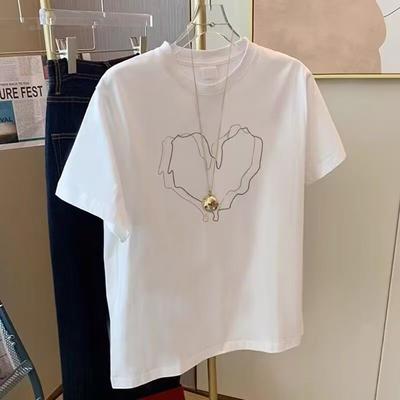 Women's Heart Print Oversized T-Shirt Short Sleeve Casual White Top with Metal Pendant