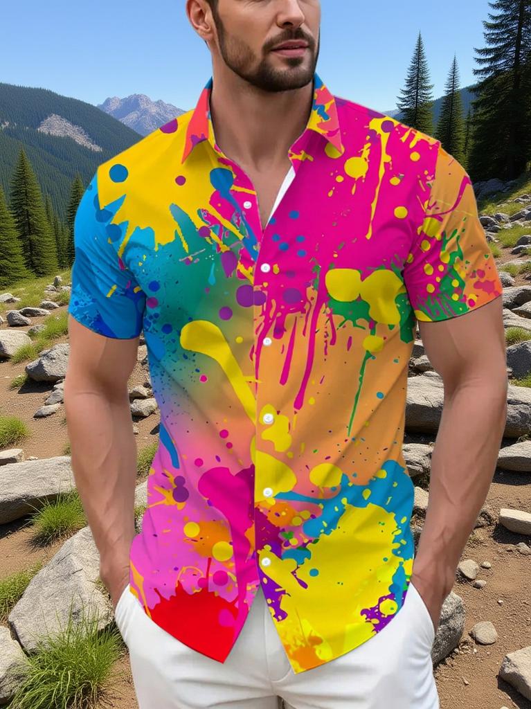 Hawaiian Multicolor Graffiti Design Pattern Print Collar Shirt, Short Sleeve, Loose Fit, Hawaiian Summer Party And Holiday Shirt