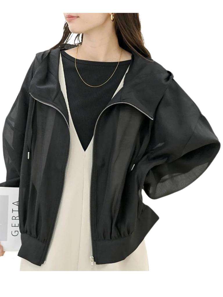 Green Tea Lightweight Hoodie with Sun Protection Women's Zip-Up (JP, Alphabet, L, Black)