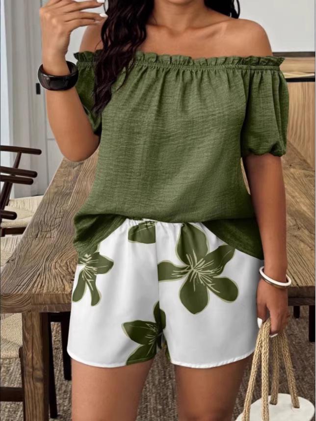 2026 European & American Cross-Border Summer Women's One-Shoulder Short Sleeve Shorts Set