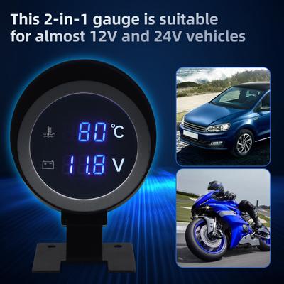 Rundes LED Digitales Auto LKW Wassertemperaturanzeige Temperatursensor Temperaturmesser + Voltmeter mit Alarm 2 in 1 Anzeige 12V 24V