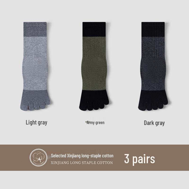 Men's Sports Cotton Five-Toe Socks: Sweat-Absorbent, Anti-Odor, Mid-Calf, Solid Colors, Autumn Collection.