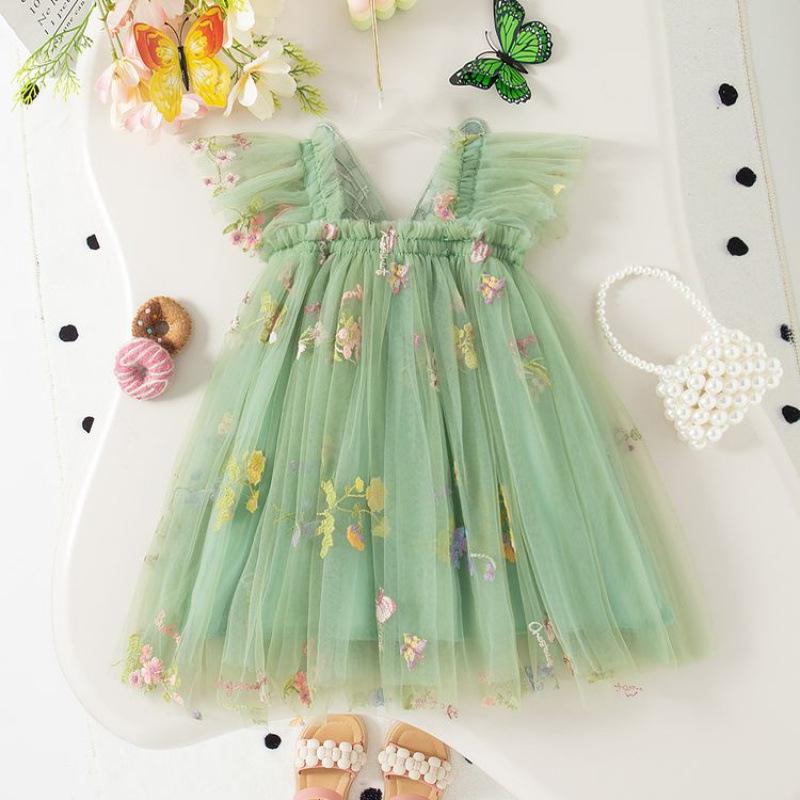 Korean Style Girls' Embroidered Mesh Skirt & Flutter Sleeve Camisole Butterfly Dress
