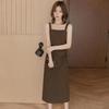 Small grain suspender dress women's spring and summer high-end small black dress covering meat and showing thinness small man long skirt