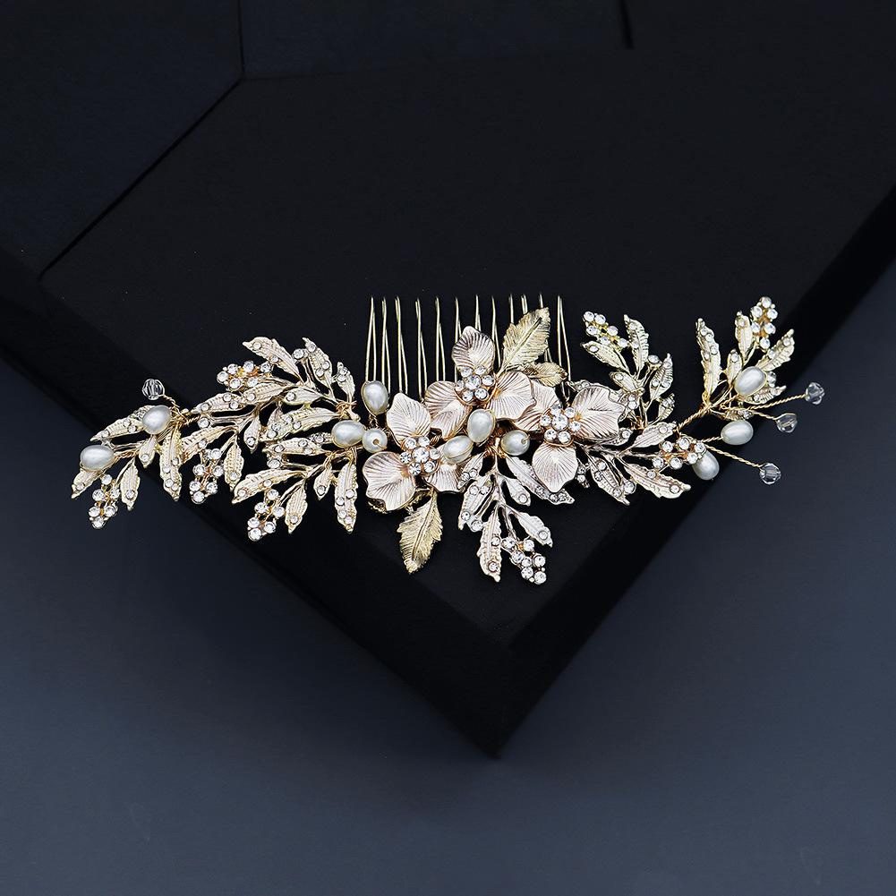 Handmade Pearl Hair Comb For Bride Wedding Updo Floral Leaf Hairpin Xiuhe Suit Headpiece Bridal Dress Accessories