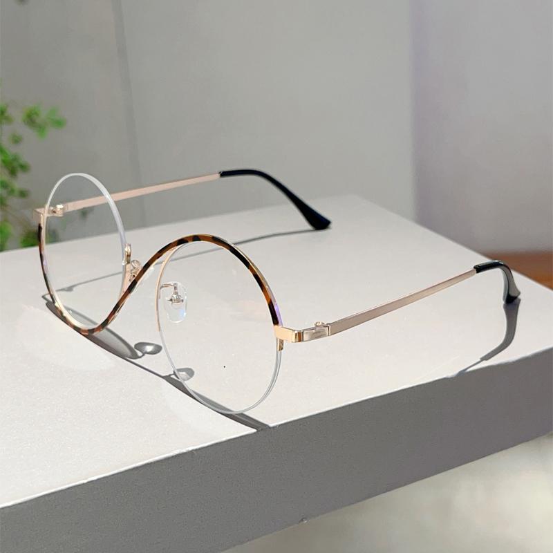 Fashion Semi-Rimless Round Frame Women's Ins Brand Design Pink Glasses Blue Light Blocking Retro Metal Decor Eyewear