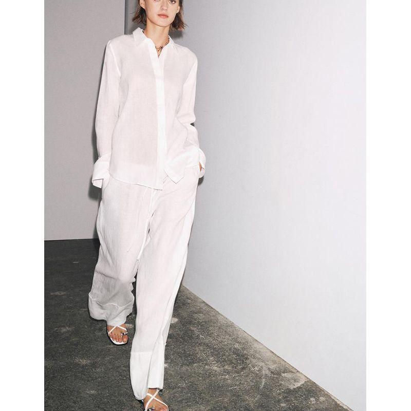 Linen Blend Long Sleeves Lapel Shirt 4786090 Linen Blend Wide Leg Mid Waist Casual Pants 4786091