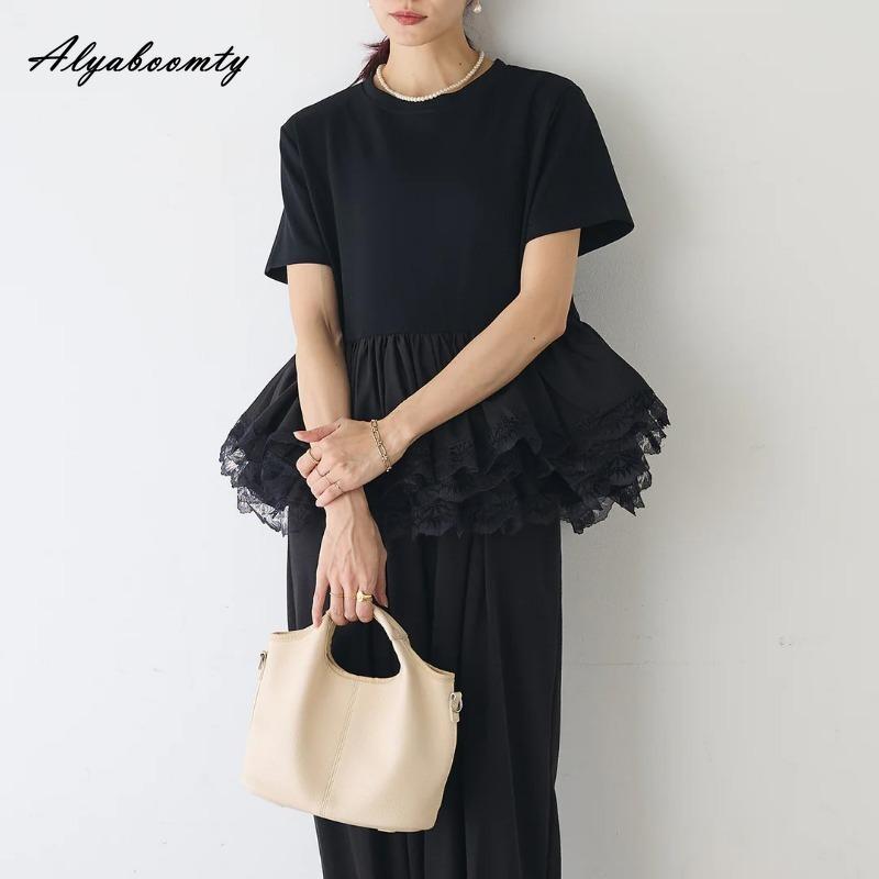 Korean Fashion Sommer Frauen Streetwear Top Kurze O Neck Weiß Schwarz Layered Spitze Rüschen Patchwork T-Shirt Kurzarm Feminine Damen T