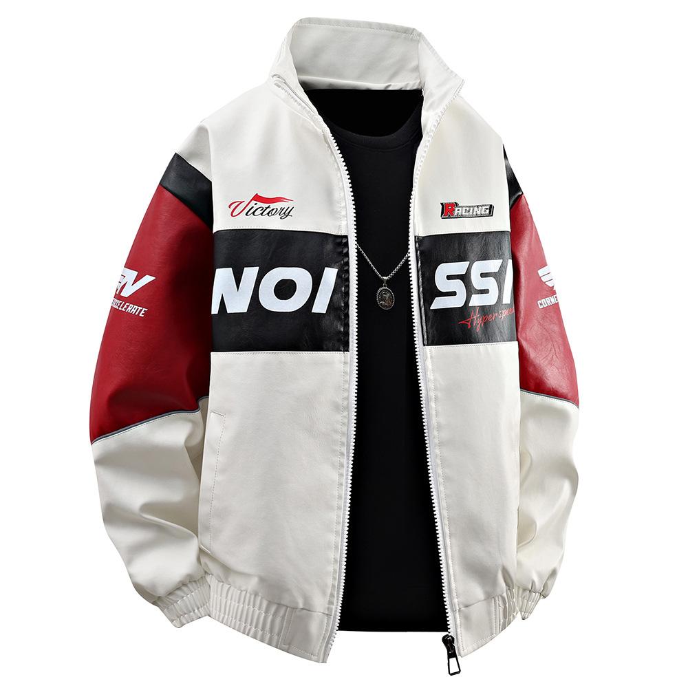 American Racing Suit Embroidered Leather Jacket Men Street Handsome Hip-hop Stand Collar Motorcycle Leather Jacket Jacket
