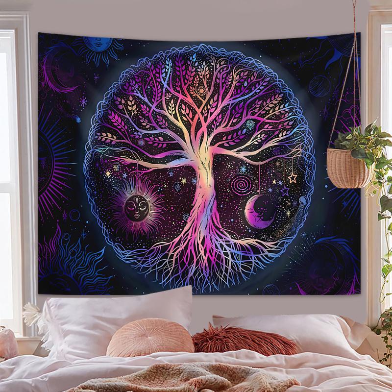 1pc Tree of Life Tapestry Wall Hanging, Aesthetic Galaxy Sun Moon Starry Sky Tapestry, Home Living Room Bedroom Decoration
