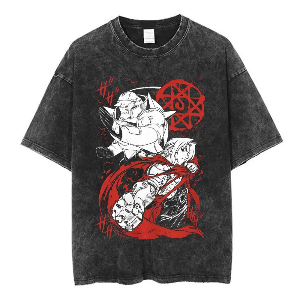 Magliette Lavate Anime Fullmetal Alchemist Edward Elric Alphonse Elric T-Shirt Uomo Donna Moda Casual Magliette Oversize Top