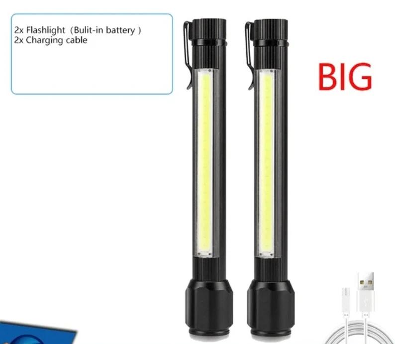 Super Bright LED Flashlight COB Work Light 3 Modes USB Rechargeable Torch Camping Lantern with Hook Waterproof Flash Lights