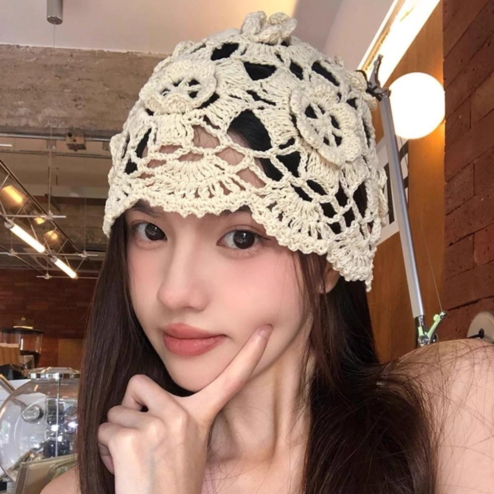 Handmade Hollowed Out Beanie Cap Bohemian Style Woven Cap Fashion Crochet Flower Knitted Hat  Girls