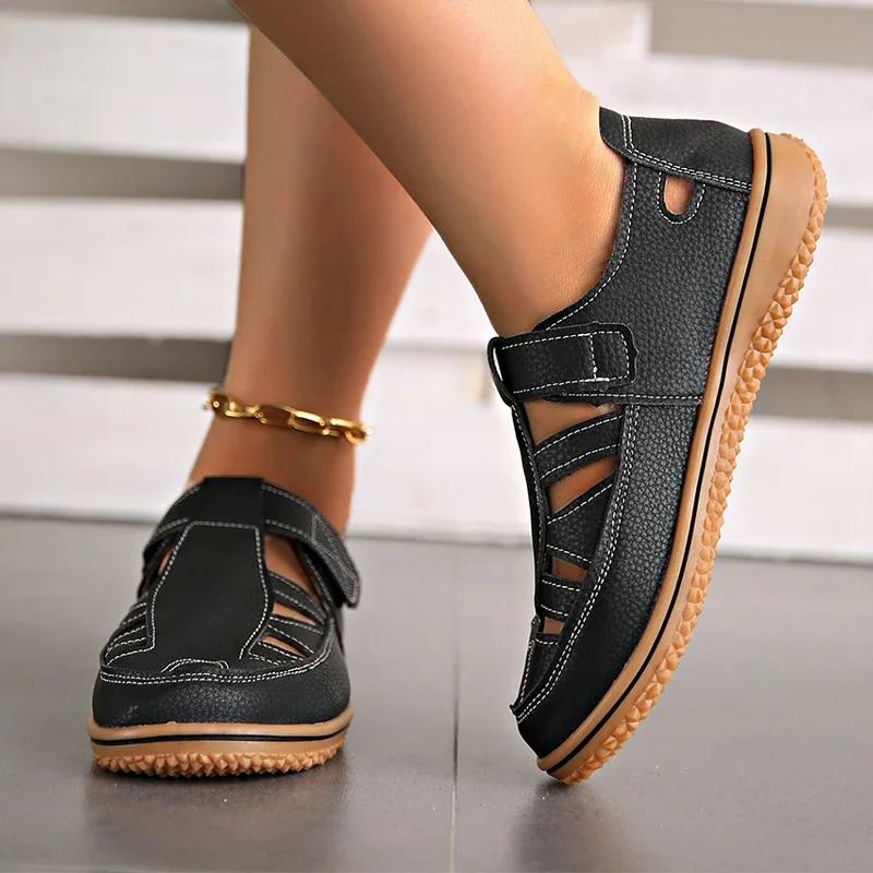 Fashion Fashion Hollow Wrap Toe Spring Summer Sandals Women Hook Loop Big Size 43 Flats Sandels Soft Bottom Comfortable Beach Zapatos
