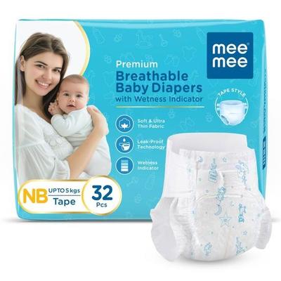 Mee Mee Premium Breathable Baby Diapers | (NB) Size Baby Taped Diapers | 32 PIECES | Skin Friendly, Super Absorbent (Newborn, 32 PIECES)
