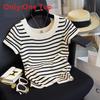 Black And White Striped Ice Silk Short Sleeve Tshirt For Women Summer Elegant Office Wear