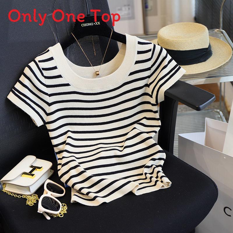 Black And White Striped Ice Silk Short Sleeve Tshirt For Women Summer Elegant Office Wear