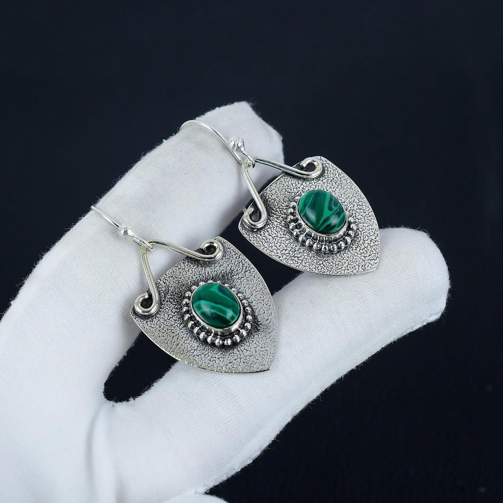 Natural Malachite Gemstone Earrings, 925 Sterling Silver Earring, Handmade Boho Silver Jewelry Dangle Earrings, Thanksgiving Gift