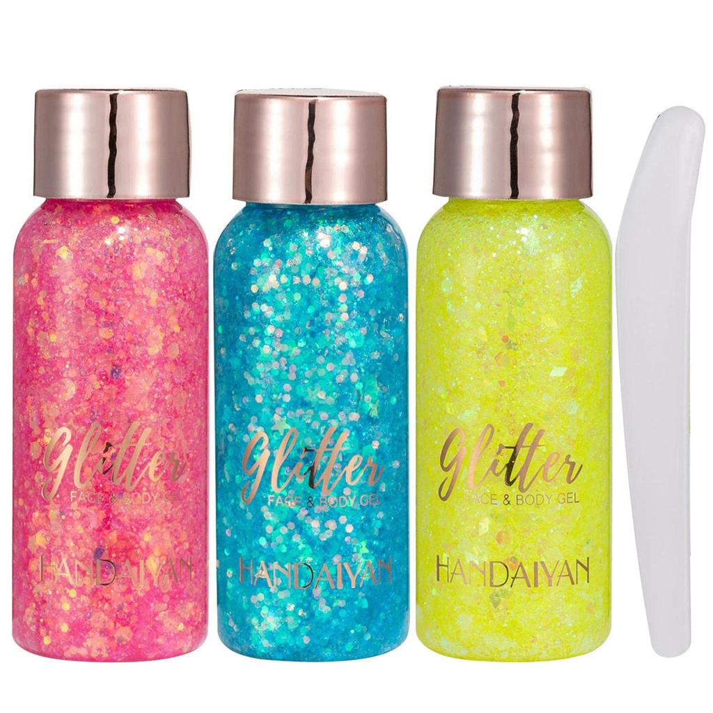 Body Glitter Gel Waterproof Glitter Gel Makeup Set Body Glitter Gel Sequin Glitter Eyeshadow Glitter Body Gel for and Parties Set, Kit, 3-Color Gel,