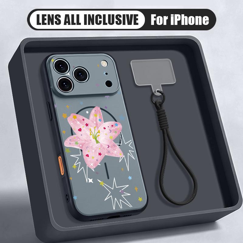 Pink Lily Flower Print Hand Strap Case For iPhone 17 Pro Max Hybrid TPU+PC Magnetic For Magsafe Matte Cover For iPhone 16 15 14 13 Pro Max