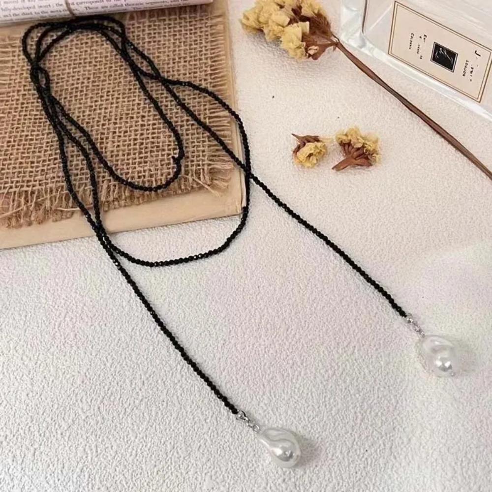 Sequins Rhinestone Neck Chain Black Green Long Necklace Vintage Imitation Pearl Pendant  Women Girl