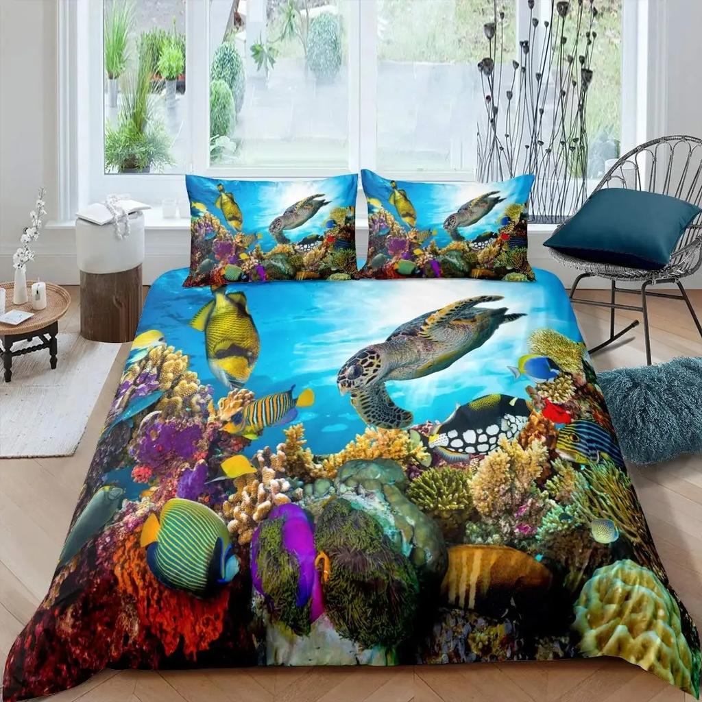 Sea Turtle Duvet Cover Set Full Size,octopus Seahorse Whale Bedding Set Teal Ocean Themed Mediterranean Style Beach Quilt Cover