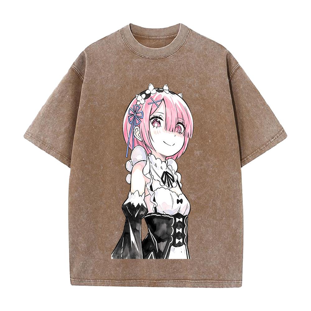 Hot Anime Re Zero Ram Cute Print T-shirt Men Women Tshirts Short Sleeve Cotton Clothing Retro Washed T Shirt Harajuku Loose Tops