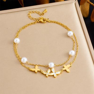 Gold Plated Butterfly Pearl Anklet for Women Double Layer Stainless Steel Foot Jewelry