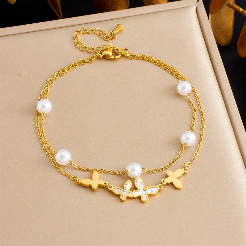 Gold Plated Butterfly Pearl Anklet for Women Double Layer Stainless Steel Foot Jewelry золотой