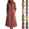 Women Plaid Lapel Midi Dress with Five Quarter Sleeves Single Breasted Casual Button Down Design Relaxed Fit Dress