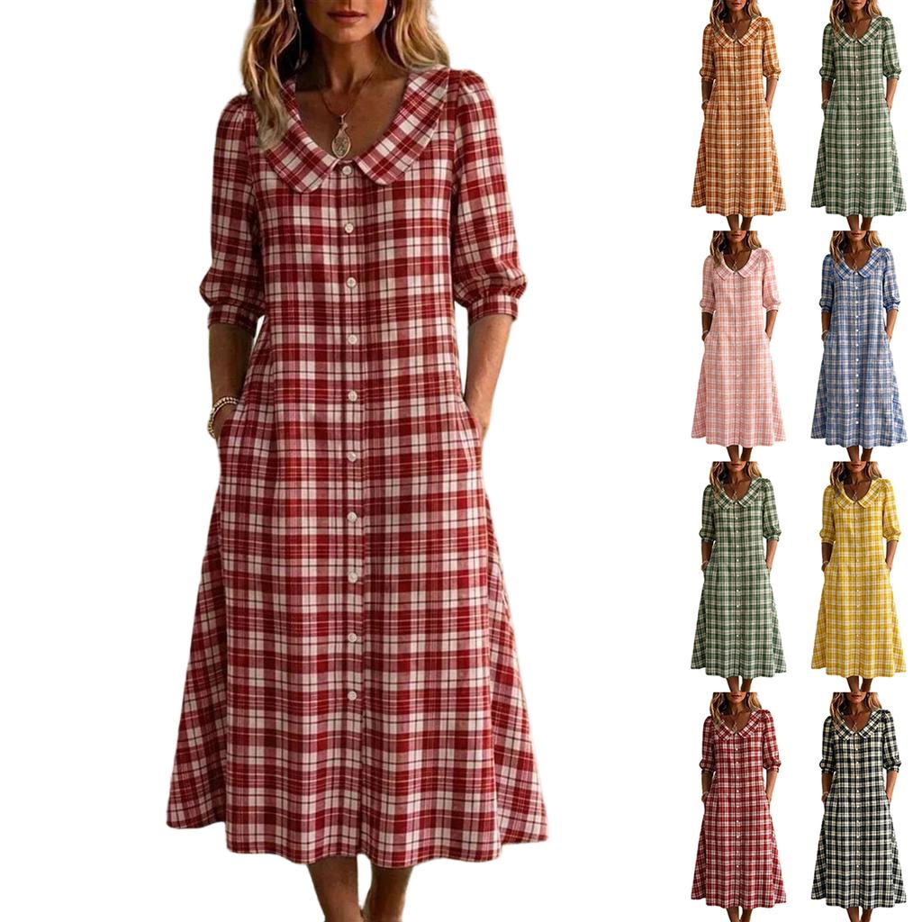 Women's Short Sleeve Plaid Dress - Lapel Collar Single Breasted Casual Button Down Dress