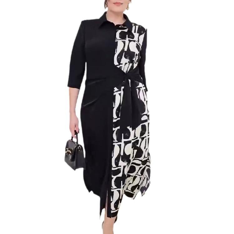 2024 European & American Women's Spring/Summer Fashion Print Lapel Cardigan Dress
