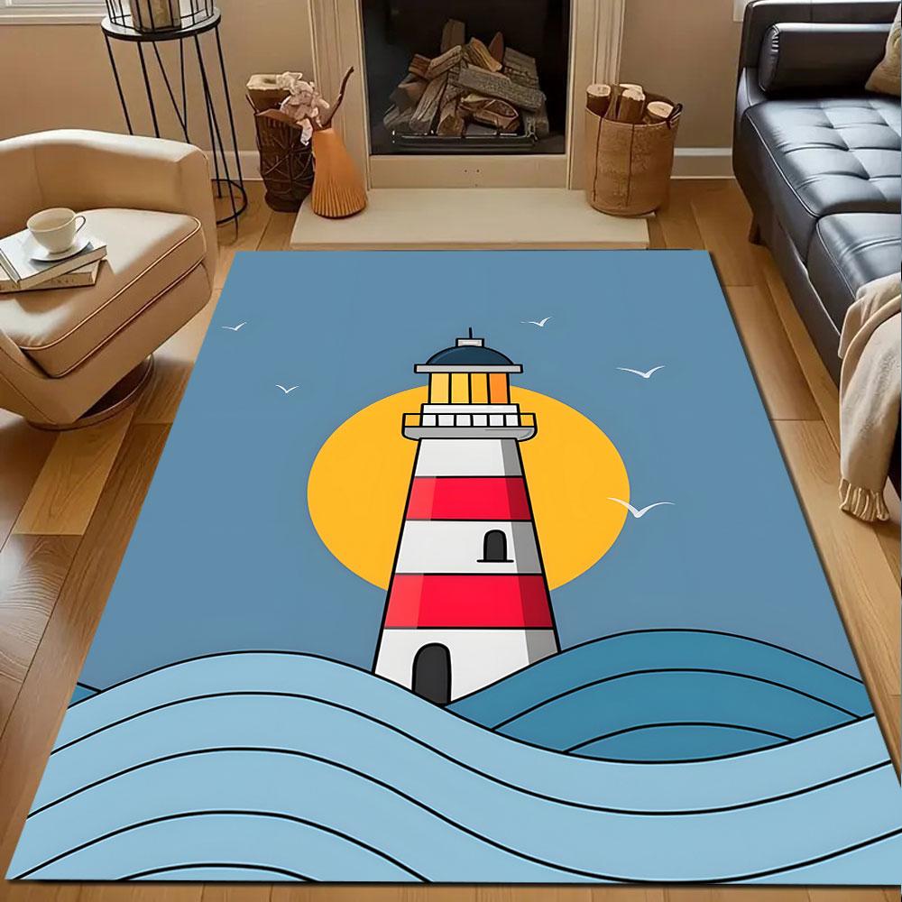 Lighthouse in Ocean Waves Patterned carpet, non slip mat suitable for living room and bedroom sofas
