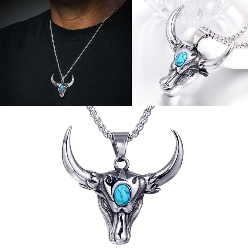 Creative Bull for Head Turquoise Necklace Hip Hop Party Jewelry Pendant Necklace Vintage Alloy Constellation Necklac