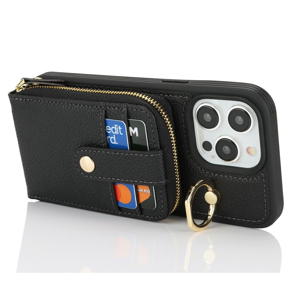 For iPhone 14 Pro Max Case with Zipper Pouch/Ring Kickstand/Strap Litchi Texture PU + TPU Phone Cover