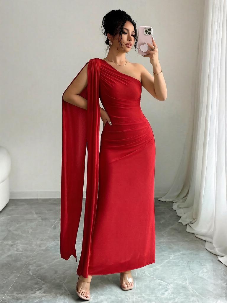 2026 new model, elegant and elegant temperament, single shoulder streamer, slim silky dress, mesh women s clothing temperament, commuting S