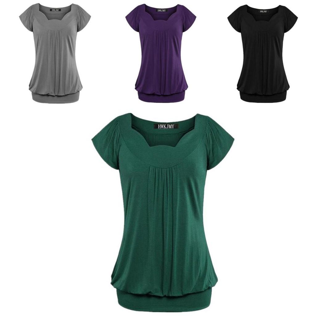 Elegant Women's Fashion Summer V-neck Short Sleeve Pleated Loose Blouse Plus Size