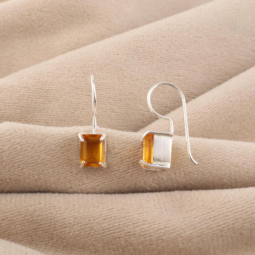 Natural Citrine Gemstone Silver Hook Earring 1" 925 Sterling Silver Handmade Jewelry For Women EE-180-1