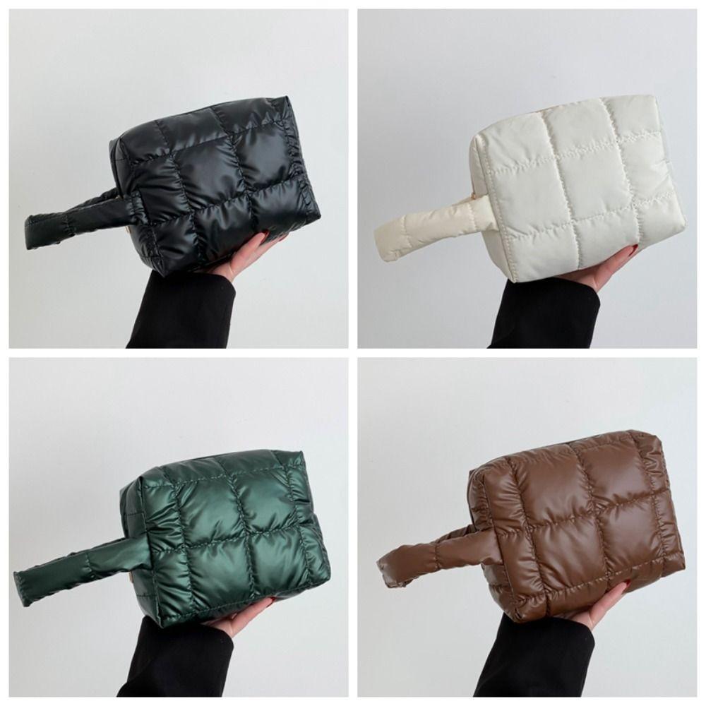 Solid Color Padded Makeup Bag Quilted Plaid Clutch Bag Simple Puffer Handbag  Ladies
