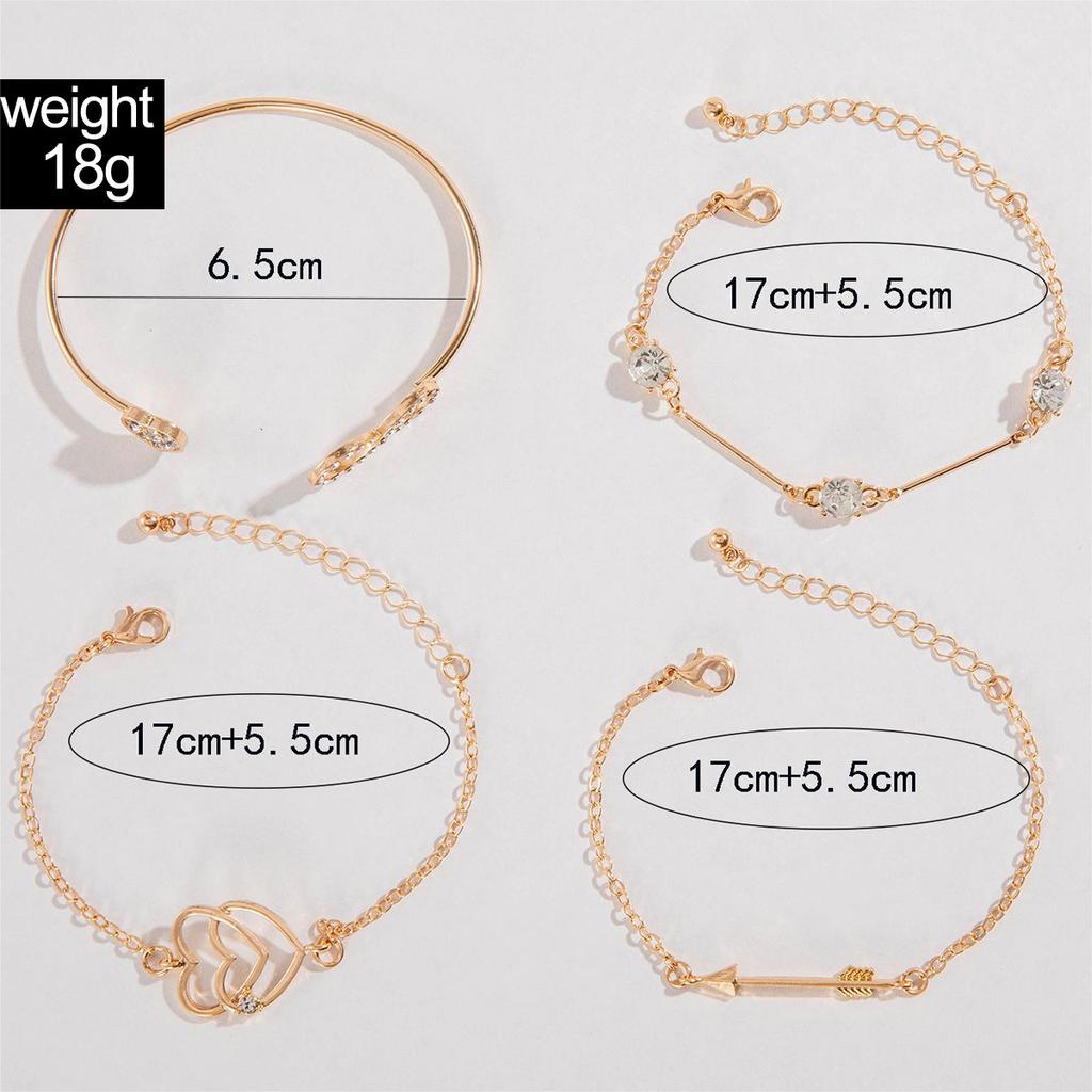 Artificial Crystal Chain Bangle Set Creative Golden Chain Heart 4-piece For Women Multi-layer Vintage Bracelet  Accessories