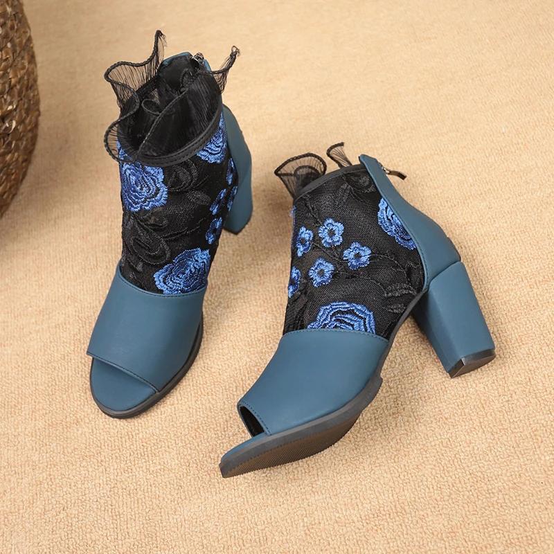 Fashion 2025 New Elegant Round Toe Zip Pumps Lace Flower Ankle Strap Hollow Out Sandals Fashion Women High Heels Shoes Zapatos De Mujer