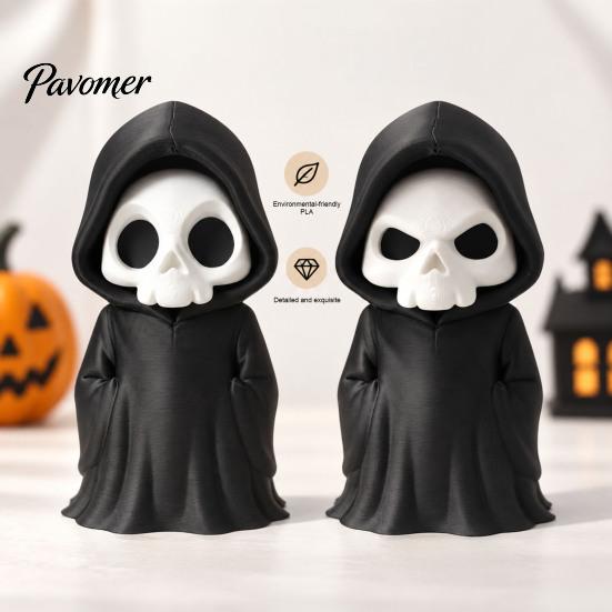 3D Printed Skeleton Statue Grim Reaper Figurine, Gothic Black Robe Statue, Spooky Desktop Figurine Mini Model Toy for Halloween Decoration Robed