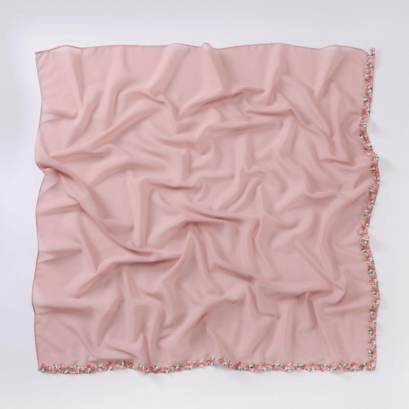 Chiffon small flower lace bead scarf Malaysian headscarf Hui gauze scarf female fresh and sweet square scarf