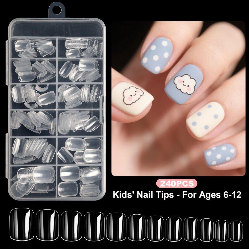 240pcs Short Oval Fake Nails Artificial Nail Art Hot Nail Set  For 6-12 Years Girls
