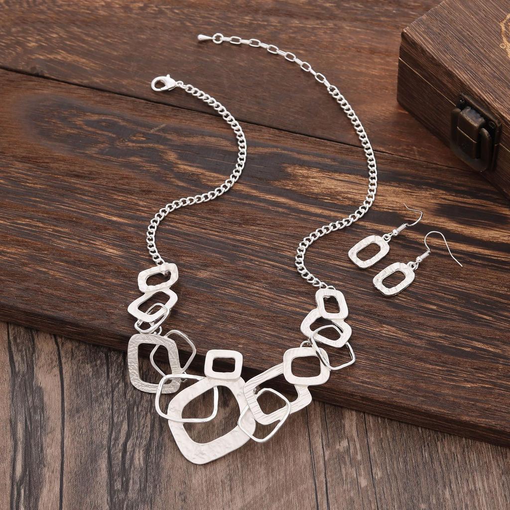 Luxury Hot-selling Color Painting Oil Geometric Hollow Square Stud Earrings Item Set Exaggerated Personality Women's Versatile Necklace
