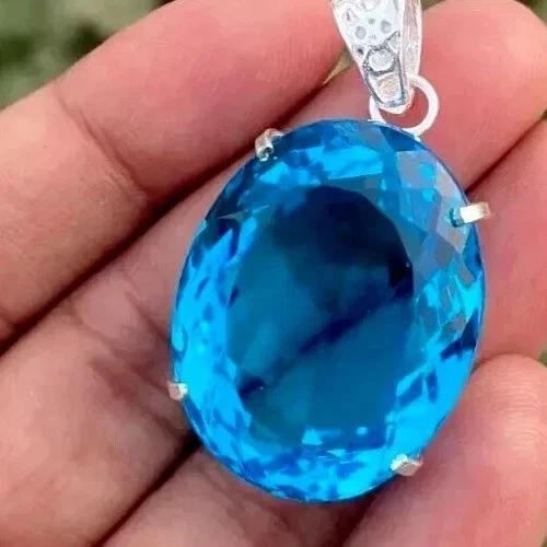 56 Ct Natural Topaz Blue Oval Cut 925 Sterling Silver Certified Gemstone Pendant