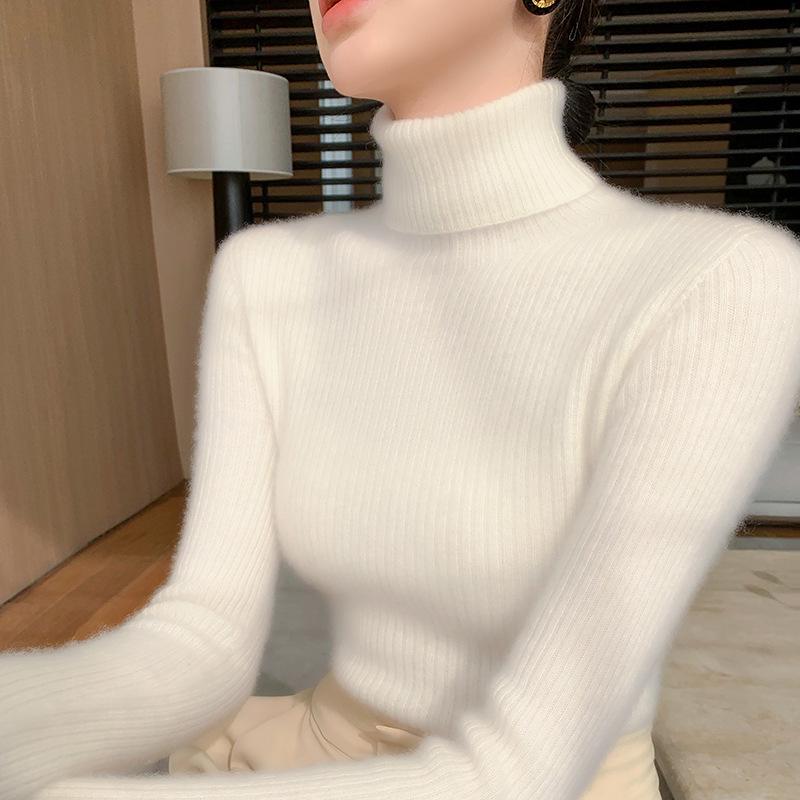 Women's High Neck Cashmere Ribbed Sweater - Slimming, Versatile Knitwear for Autumn and Winter