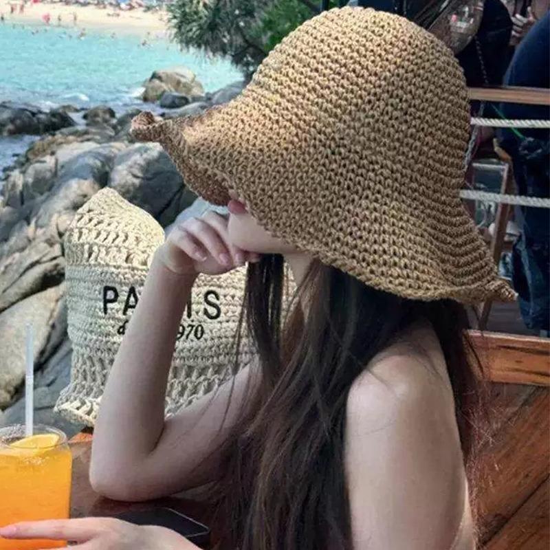 Retro Bohème Stil Damen Stroh Sommer Outdoor Hut Stroh Gewebt Reise Strand Fischer Eimerhut Großer Rand Weiche Faltbare Kappe